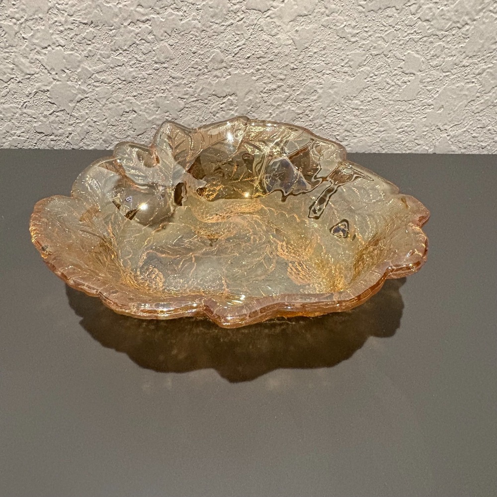 VTG Indiana Glass Loganberry Leaf Amber Marigold Carnival Glass Candy Dish 7"